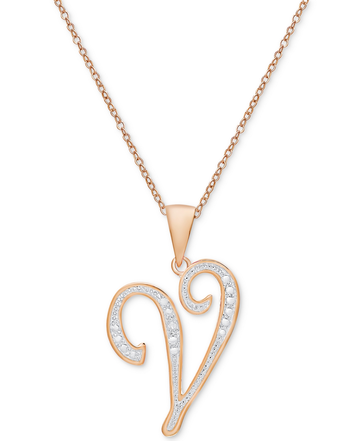 Macy's Diamond Accent Script 18" Initial Pendant Necklace In Silver Plate, Gold Plate & Rose Gold Plate In V,rose Gold