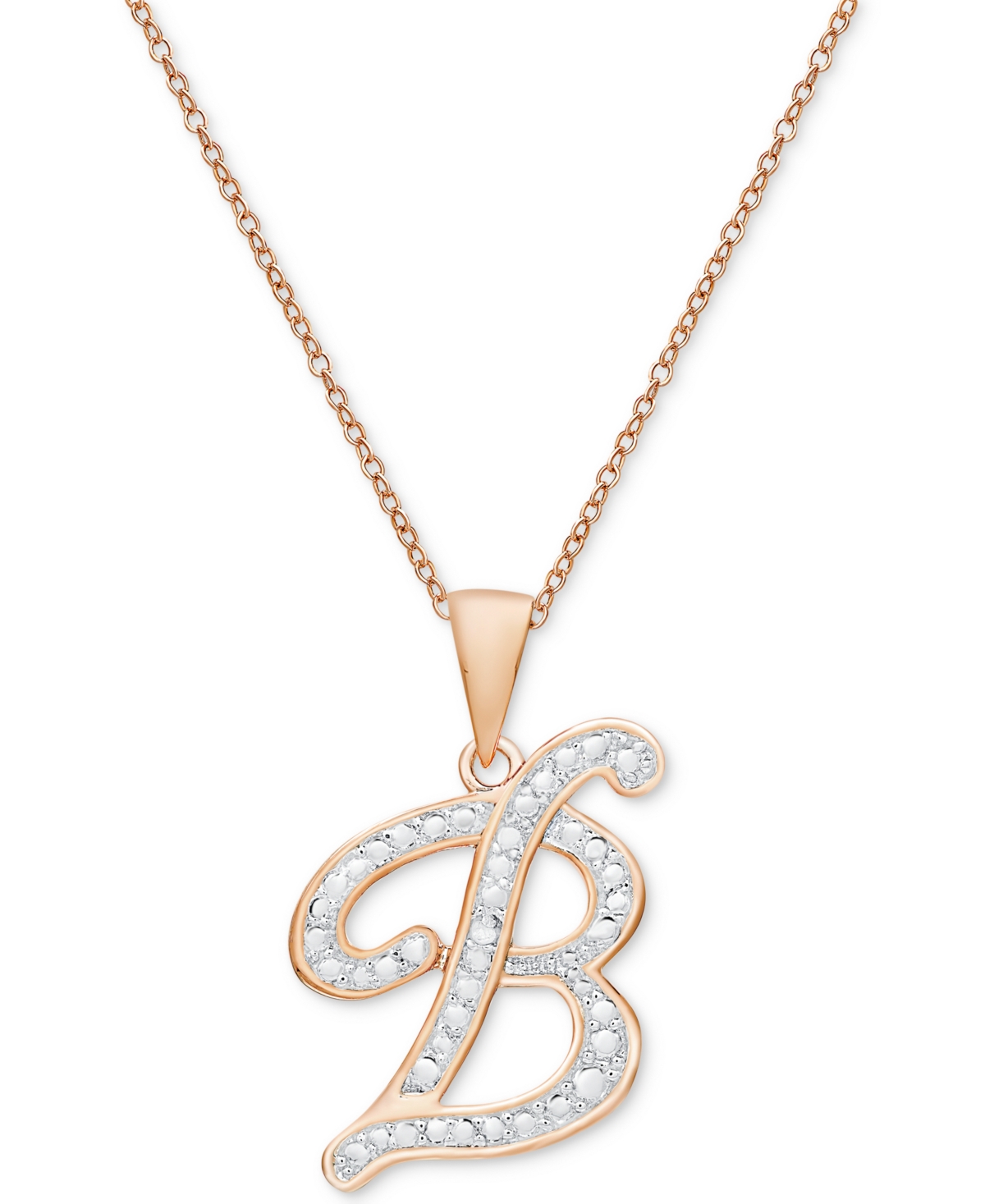 MACY'S DIAMOND ACCENT SCRIPT 18" INITIAL PENDANT NECKLACE IN SILVER PLATE, GOLD PLATE & ROSE GOLD PLATE 