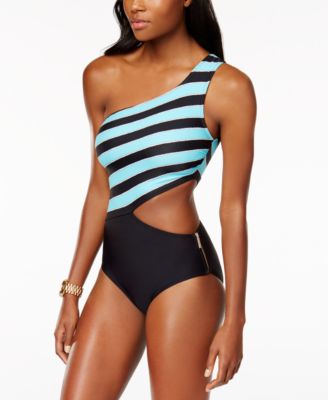 striped one shoulder swimsuit