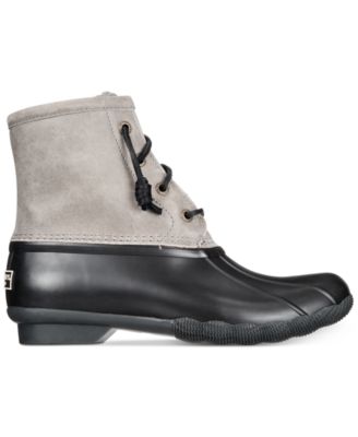 black and gray duck boots