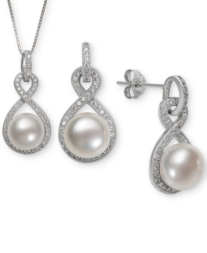 Macy's - Cultured Freshwater Pearl (8 & 10mm) & White Topaz (1-1/3 ct. t.w.) Jewelry Set in Sterling Silver