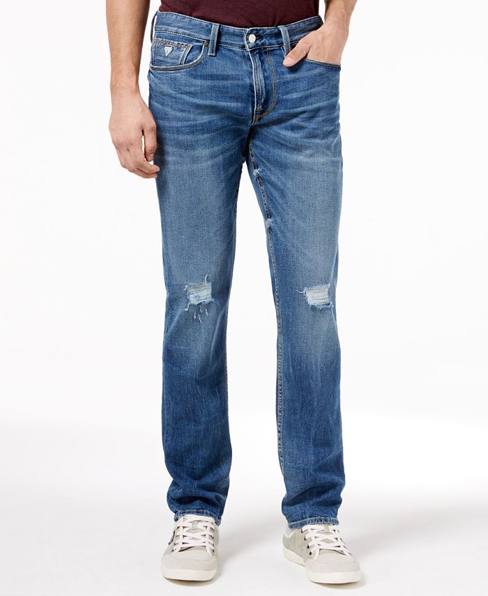 GUESS Men's Boyd Blue Ripped Slim Straight Fit Stretch Jeans & Reviews ...