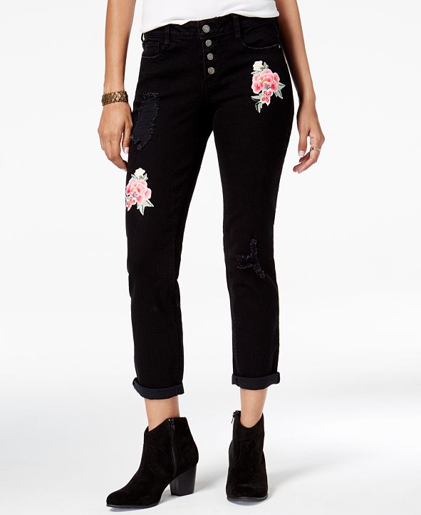 Black Daisy Juniors' Jamie Ripped Embroidered Relaxed Fit Girlfriend Jeans