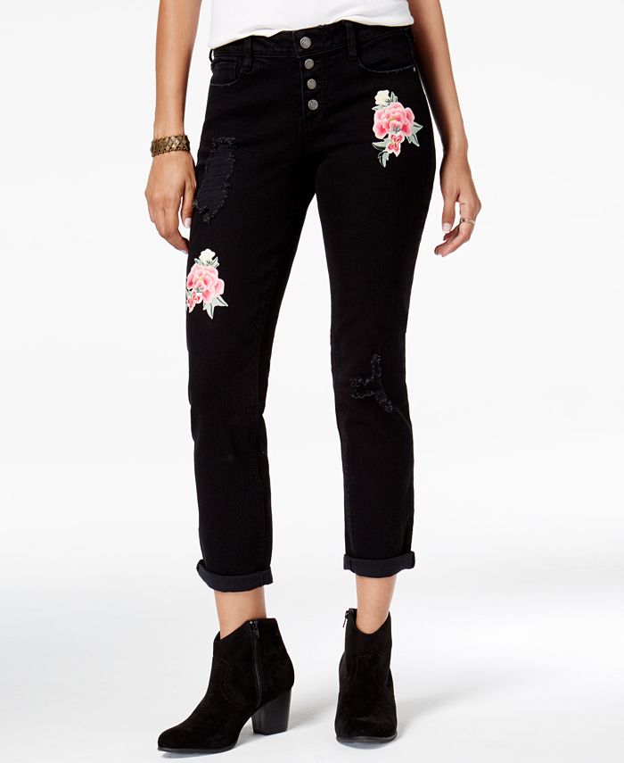 Black Daisy Juniors' Jamie Ripped Embroidered Relaxed Fit Girlfriend ...