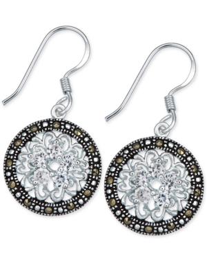 image of Marcasite & Crystal Flower Disc Drop Earrings in Fine Silver-Plate