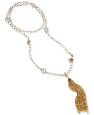 Betsey Johnson - Gold-Tone Multi-Stone Star & Imitation Pearl Chain Tassel Pendant Necklace