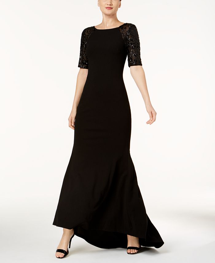 Calvin Klein Sequined-Sleeve V-Back Gown - Macy's