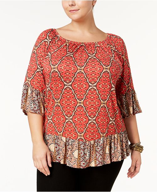Style & Co Plus Size Printed Ruffled Sleeve & Hem Top, Created for Macy ...