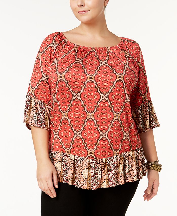 Style & Co Plus Size Printed Ruffled Sleeve & Hem Top, Created for Macy ...