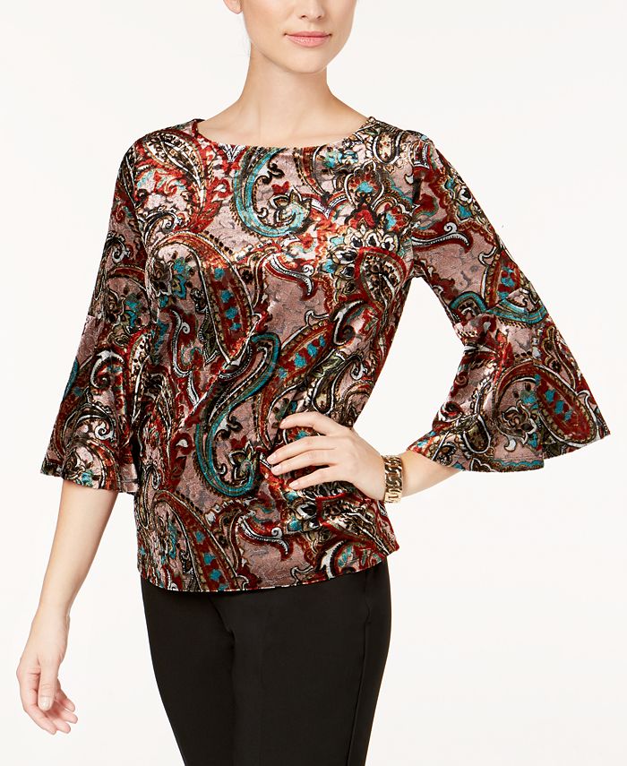 Kasper BellSleeve Printed Velvet Top Macy's