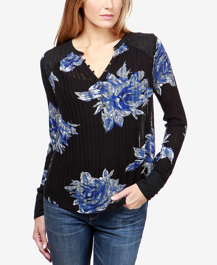 Lucky Brand Cotton Embroidered Henley Thermal Top - Macy's