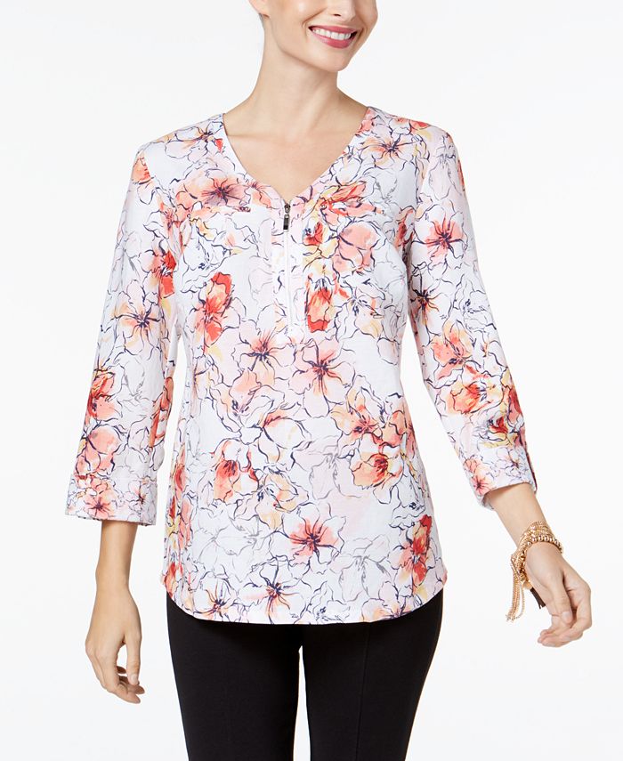 JM Collection Petite Printed Zip-Neck Top, Created for Macy's - Macy's