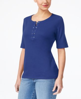 Karen Scott - Cotton Lace-Up T-Shirt