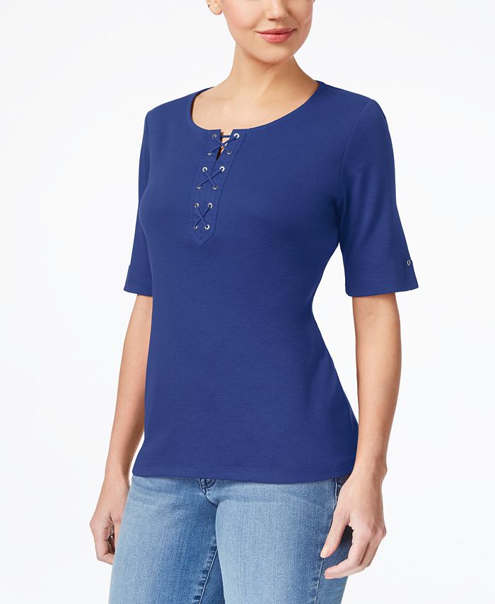 Karen Scott Cotton Lace-Up T-Shirt, Created for Macy's - Macy's