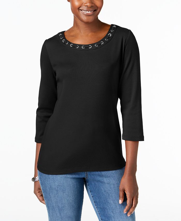 Karen Scott Cotton Grommet-Detail T-Shirt, Created for Macy's & Reviews ...
