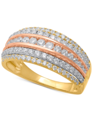 image of Diamond Tri-Color Multi-Row Statement Ring (1 ct. t.w.) in 14k Gold, Rose Gold & White Rhodium-Plate