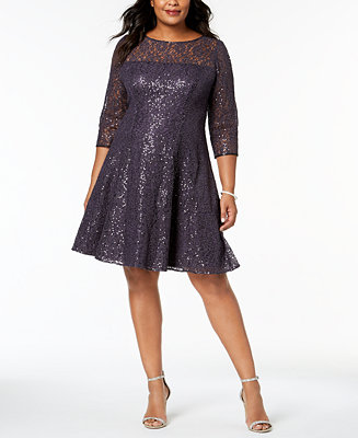 SL Fashions Plus Size Sequined Lace Fit & Flare Dress - Macy's