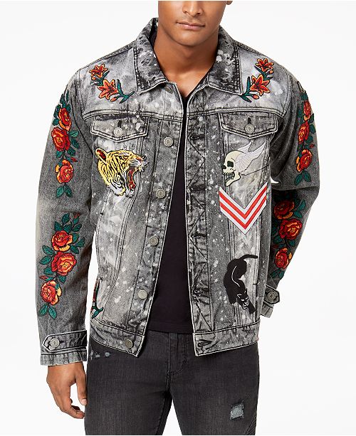 Reason Men's Black Acid Washed Patched Denim Jacket & Reviews Coats