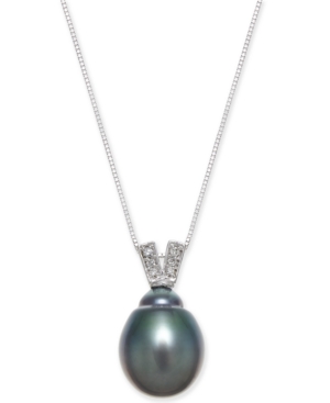 image of Black Cultured Tahitian Pearl (11mm) & Diamond Accent Pendant Necklace in 14k White Gold