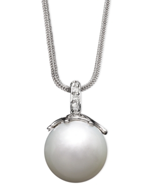 image of 14k White Gold Necklace, Cultured South Sea Pearl (14mm) and Diamond Accent Pendant