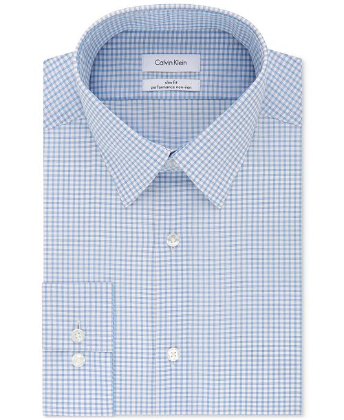 alfani Calvin Klein Steel Men's Slim-Fit Non-Iron Performance Stretch Blue Check Dress Shirt Men's Fashion & Accessories