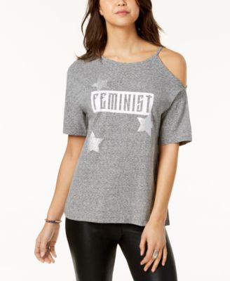 Pretty Rebellious - Juniors' Feminist Glitter Cold-Shoulder Graphic T-Shirt