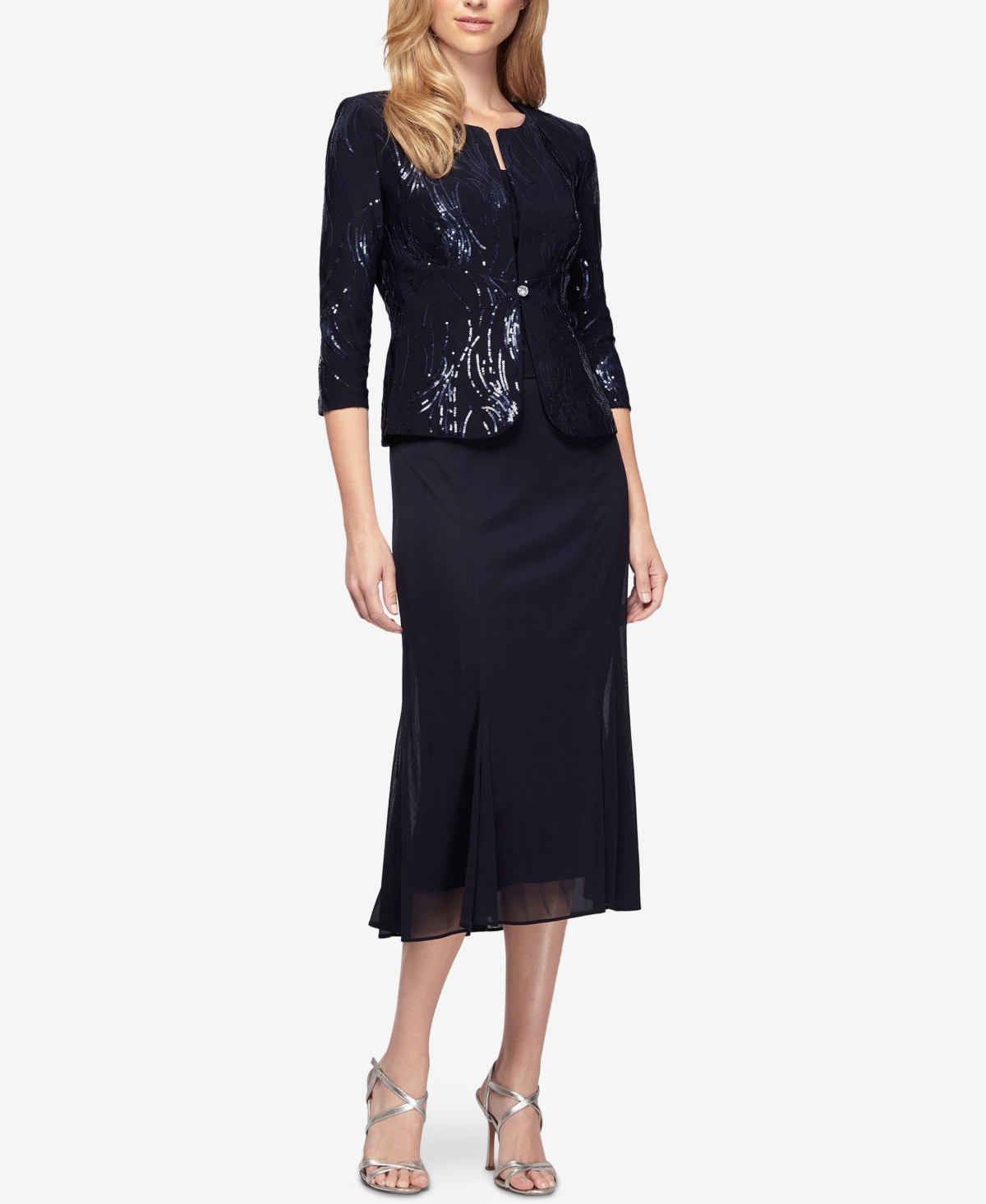 Sequined A-Line Midi Dress and Jacket - Navy