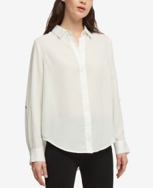 Cuffed-Sleeve Hidden-Placket Blouse