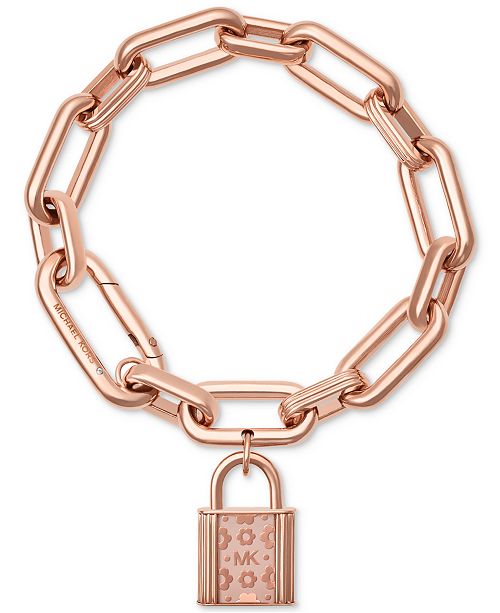 Michael Kors Rose Gold-Tone Flower Padlock Link Bracelet ...