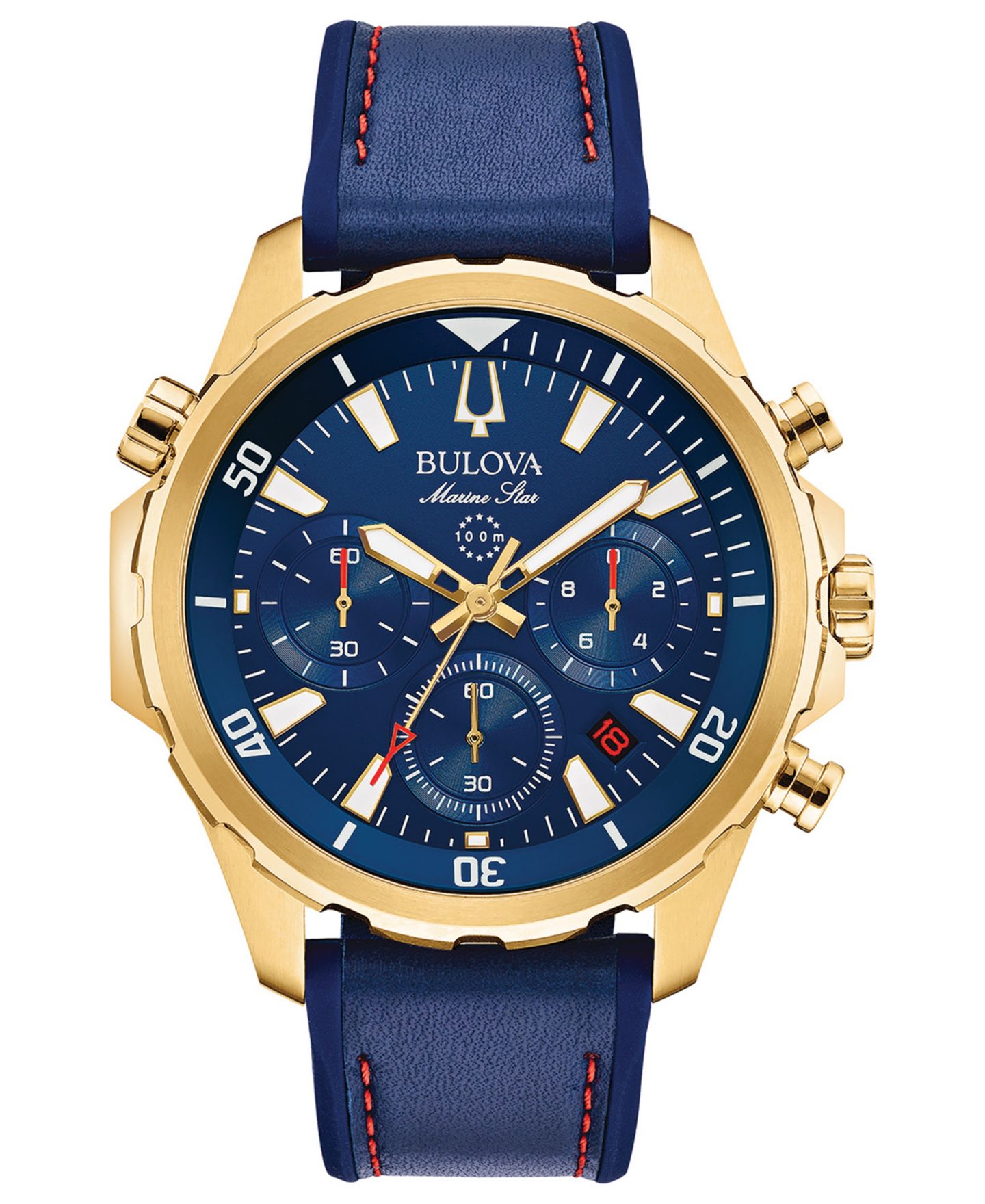 Мужские часы Bulova Marine Star, хронограф, синий ремешок из кожи и силикона, 43 мм — фото 1