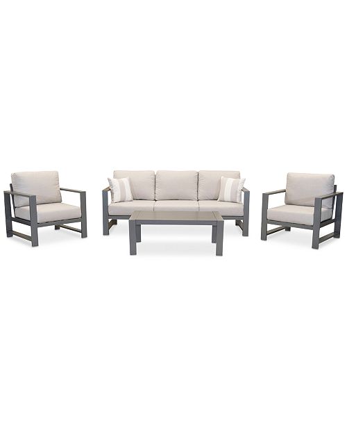 Aruba Grey Aluminum Outdoor 4 Pc Seating Set 1 Sofa 2 Club Chairs 1 Coffee Table With Sunbrella Cushions Created For Macy S