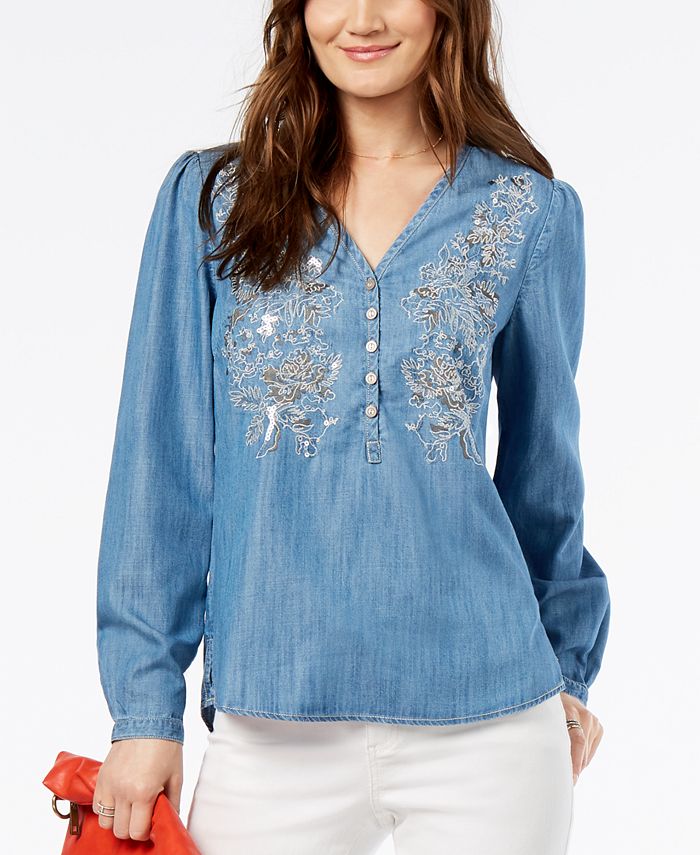 INC International Concepts I.N.C. Embroidered Chambray Top, Created for ...