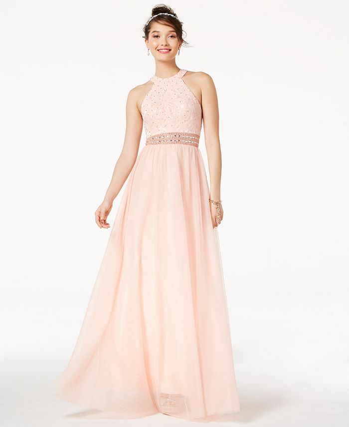 Blondie Nites Juniors' Embellished Lace Halter Ball Gown - Macy's