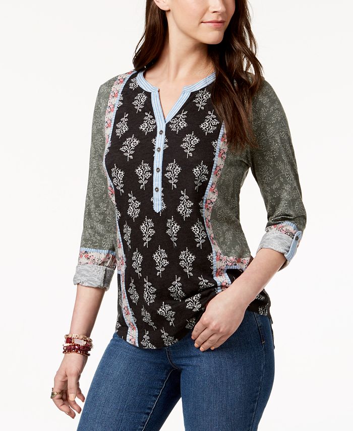 Style & Co MixedPrint TabSleeve Henley, Created for Macy's Macy's