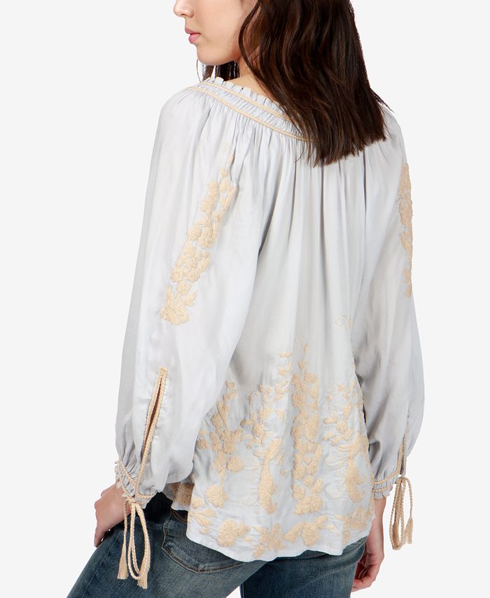 Lucky Brand Embroidered Tie-Sleeve Peasant Top - Macy's
