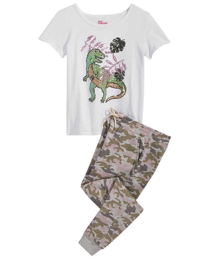 Epic Threads Sequin Dino T-Shirt & Camouflage Jogger Pants, Big Girls ...
