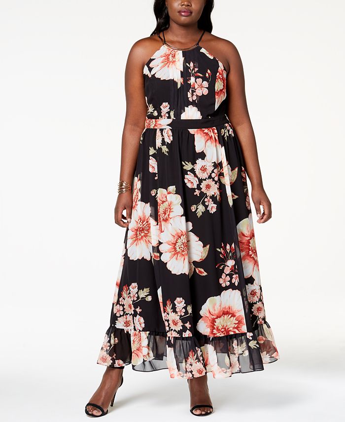 NY Collection Plus Size Printed Pleated Maxi Dress - Macy's