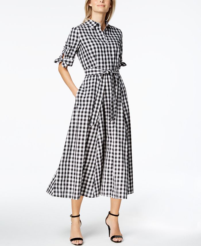 Calvin Klein Cotton Gingham-Print Midi Shirtdress - Macy's