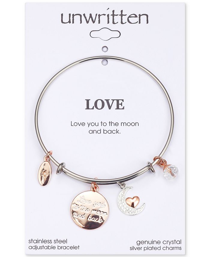 Unwritten - "Love You to the Moon" Multi-Charm Adjustable Bangle Bracelet in Stainless Steel