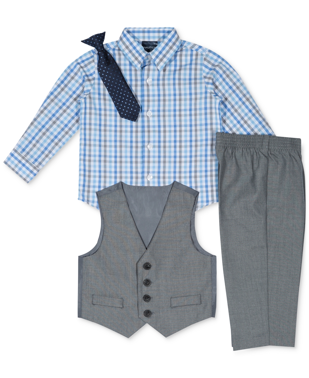 Shop Nautica Baby Boys Sharkskin Suit Vest, Pants, Shirt And Tie, 4 Piece Set In Light Gray