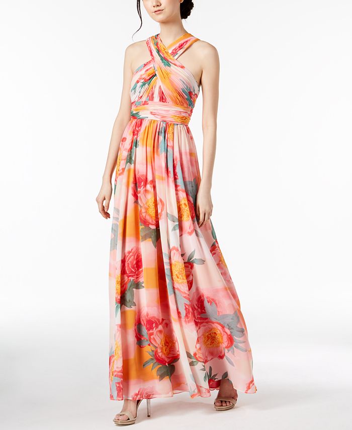 Calvin Klein Tropical Chiffon Crisscross Halter Gown - Macy's