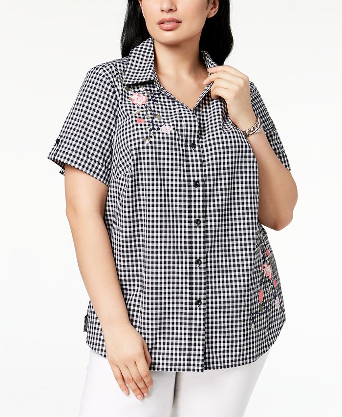 Karen Scott Plus Size Cotton Embroidered Gingham Shirt, Created for ...