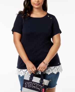 TOMMY HILFIGER PLUS SIZE COTTON LACE-TRIM TOP, CREATED FOR MACY'S