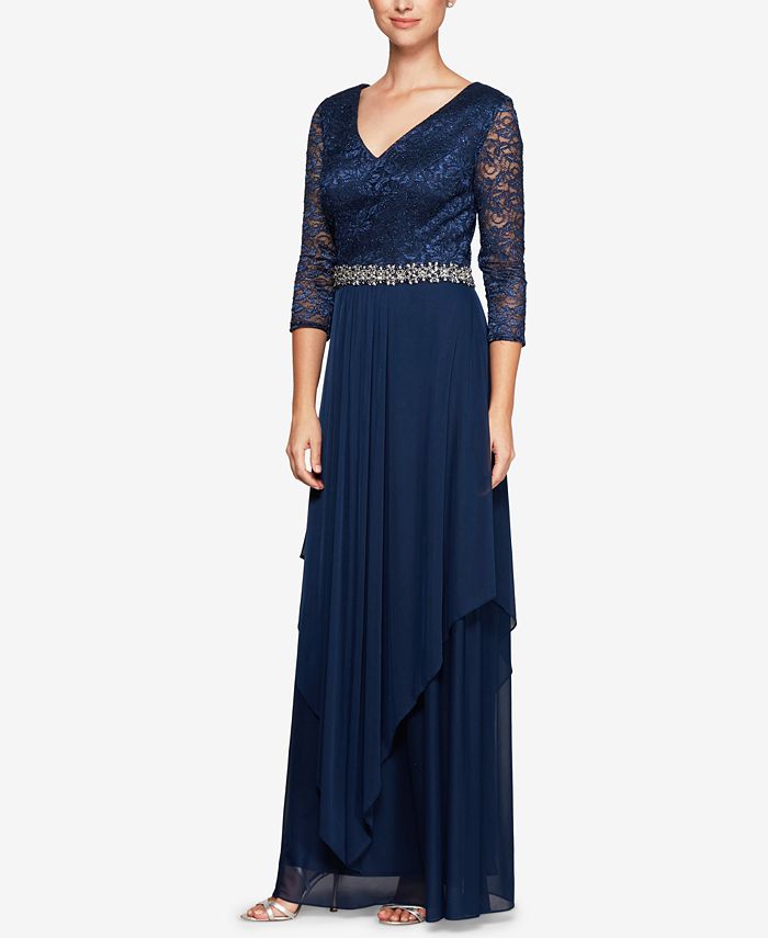 Alex Evenings Belted & Draped Lace Gown - Macy's