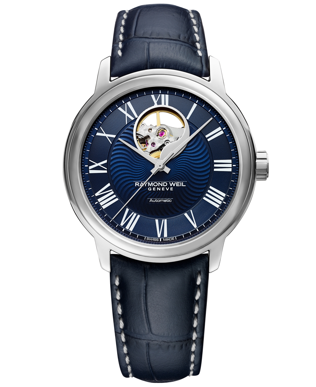 Raymond Weil Men's Swiss Automatic Maestro Blue Leather Strap Watch 39.5mm