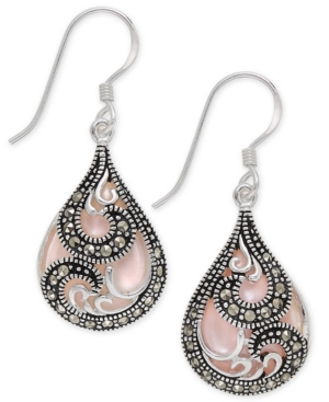 image of Marcasite & Pink Shell Teardrop Drop Earrings in Fine Silver-Plate