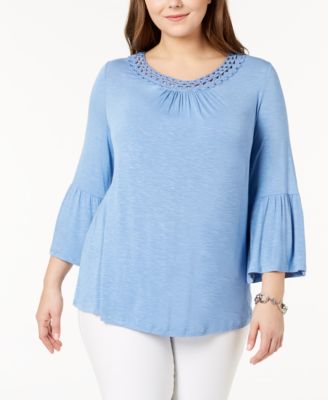 John Paul Richard - Plus Size Crochet-Trim Lantern-Sleeve Blouse