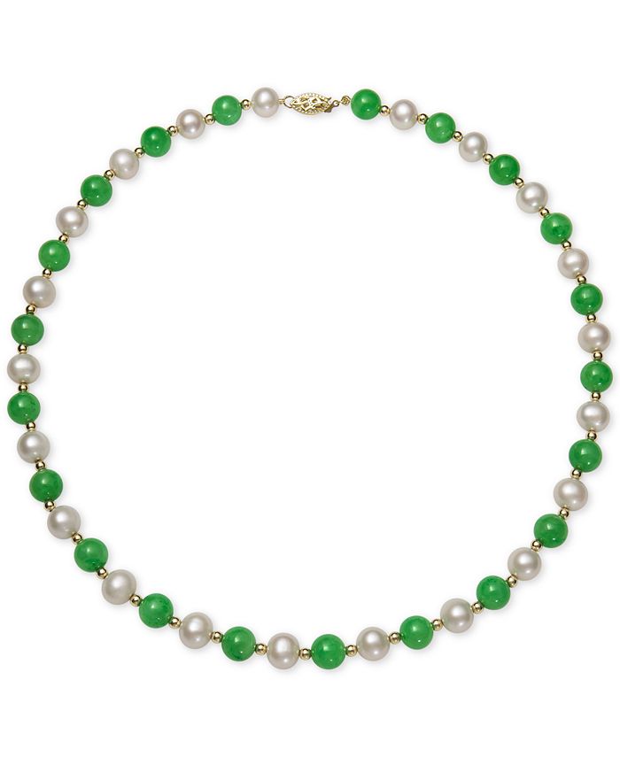 Macy's Cultured Freshwater Pearl and Dyed Jade Necklace in 14k Gold