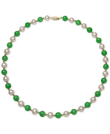 Macy's - 14k Gold Necklace, Cultured Freshwater Pearl and Jade