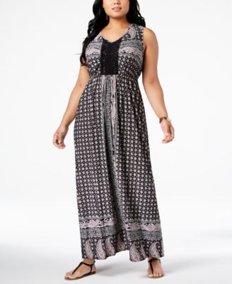 Style & Co - Plus Size Printed Crochet-Trim Empire-Waist Maxi Dress